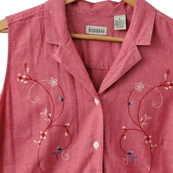 PINK Sleeveless Blouse Cotton Button Up Embroidered Collared Tank LG - Picture 3 of 7